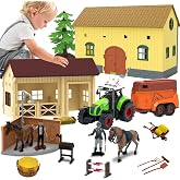 52PCS Farm Animals Toys Set Comes with Warehouse, Horse shed, Carriage with Lights&amp;Sounds, Washing Stable, Horse Trainer,Horse Washer,Saddle Rack, Jumping Horse Obstacles- Playset for Kids Toddlers 3+