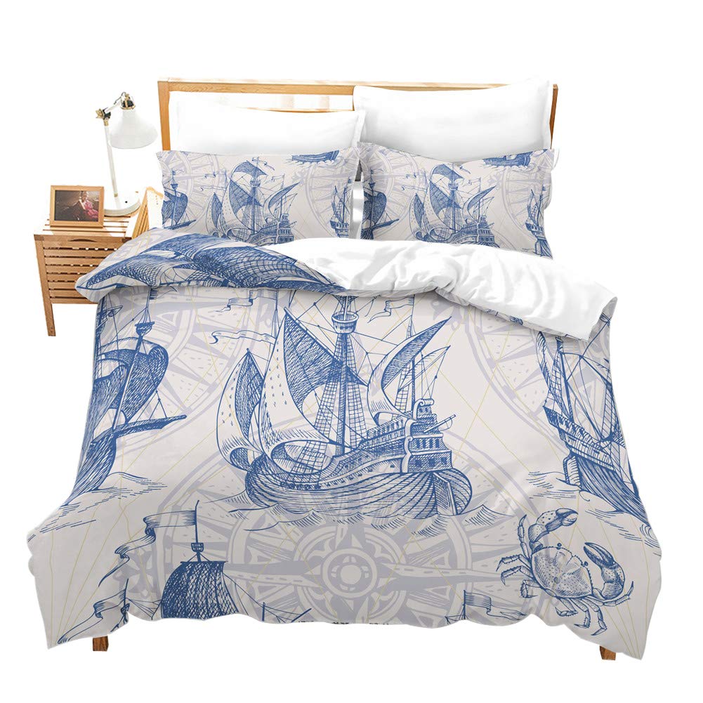 Erosebridal Nautical Decor Duvet Cover Set Sailboat Quilt Cover Set King Size Blue Vintage Style Bedspreads Microfiber Bedding Set for Kids, Teens, Adults