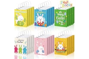 MOORAY 24PCS Easter Gift Bags, Easter Paper Bags with Handles Easter Egg Hunt Bags Decorated with Happy Easter Bunny Pattern for Kids Party Favor Spring Party