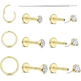 Nose Rings Studs for Women Men 14K Gold Filled Flat Back Nose Hoops 20G/18G | Hypoallergenic Surgical Steel Nose Piercings Threadless Push in CZ Nostril Tragus Conch Cartilage Helix Piercing Jewelry