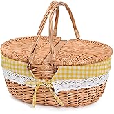 Large 15.4" Wicker Picnic Basket with Removable Liner Empty Picnic Baskets with Lid, Picnic Hamper with Foldable Handles for Picnic, Yellow Checkered, Large