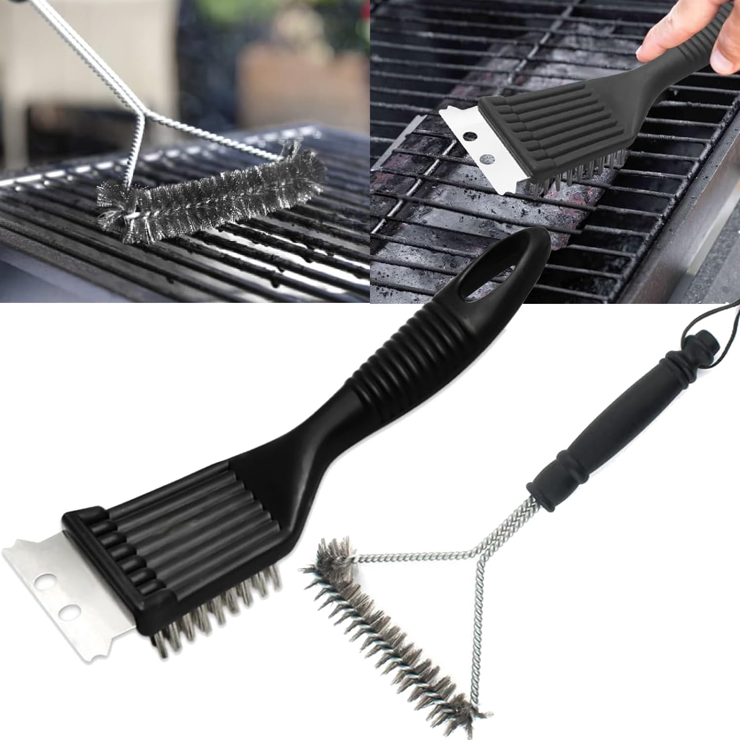 Norhogo 2 Packs Metal BBQ Grill Cleaning Brush and Scraper, BBQ Cleaner, 12 Inch and 8 Inch Steel Barbecue Bristle Cleaner for Barbecue Grill Kitchen Cleaning Brush (Black)