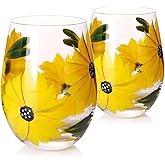Hand-Painted Stemless Wine Glasses/Drink Glasses– Set of 2 - Sunflower Gifts for Women – 16 oz, Unique Christmas Gifts for Her, Mom, Wife, Friends, or Girlfriend (Stemless Glasses Set)