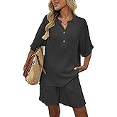heipeiwa Women's 2 Piece Outfits Summer Linen Sets Short Sleeve Oversized Shirts Casual Lounge Shorts Set Tracksuits