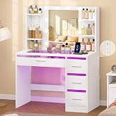 FIONESO Makeup Vanity Desk with Mirror and Lights, White Vanity with Glass Top &amp; RGB Light, Vanity Table with 4 Drawers, 5 Hooks and Power Outlet, 3 Colors Adjustable Lighted Makeup Desk