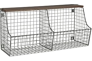 Spectrum Double Bin Hanging Wire Basket with Wood Top Shelf for Entryway Kitchen or Bathroom Storage, Industrial Gray Rustic Wood and Wire Wall Basket Shelf Wall Mount Organizer with 2 Storage Bins