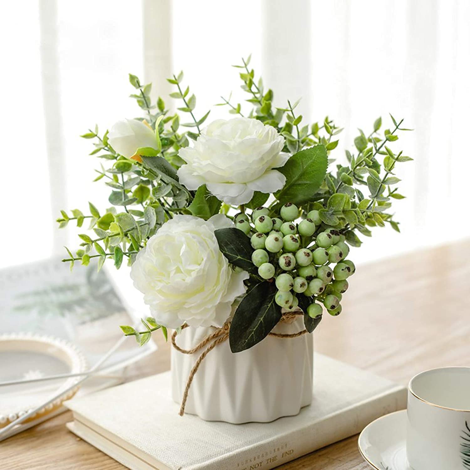 FreeBiz Artificial Flowers with Ceramic Vase Faux Silk Rose Fake Plants in Pots Arrangement Indoor Decorations for Home Wedding Party White