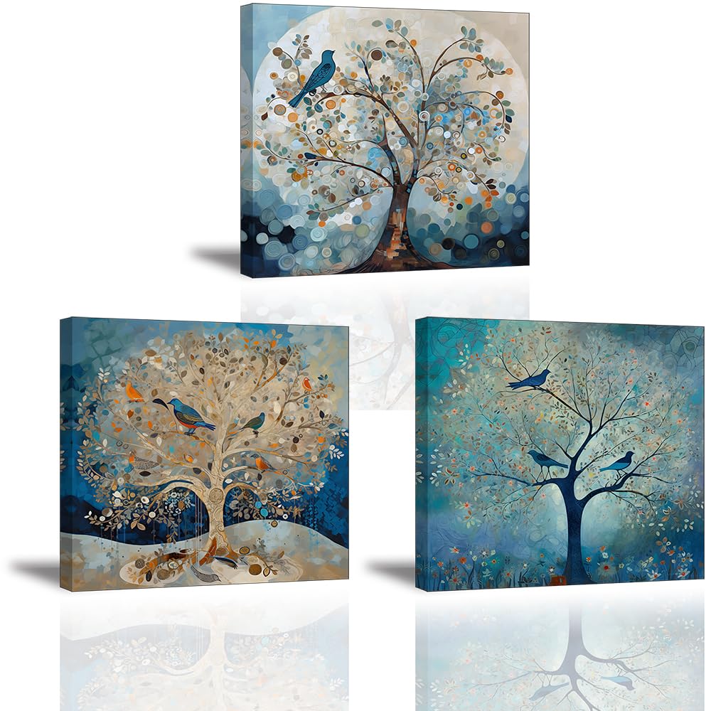 Piy Painting Set of 3 Blue Tree Canvas Wall Art for Home Decoration, Canvas Painting Canvas Art Prints Pictures for Living room Bedroom Kitchen 12x12inch, Completely built-in wooden frame