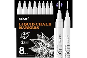 SFAIH White Liquid Chalk Markers for Blackboard, Glass - [Wet Wipe No Residue] 8 Pack- (4x) 2mm/4mm Reversible & (4x) 0.7mm Fine Tip, Ultra Flow Triple-Tips - Menu, Bistro, Signs, Windows, Food Labels