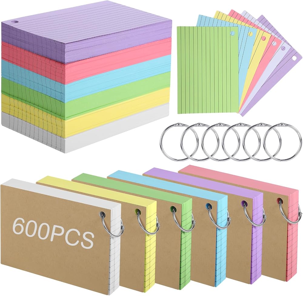 Thboxes A6 Ruled Index Cards 600 Pcs with Metal Binder Ring 6 Colors