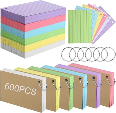 Thboxes A6 Ruled Index Cards 600 Pcs with Metal Binder Ring 6 Colors