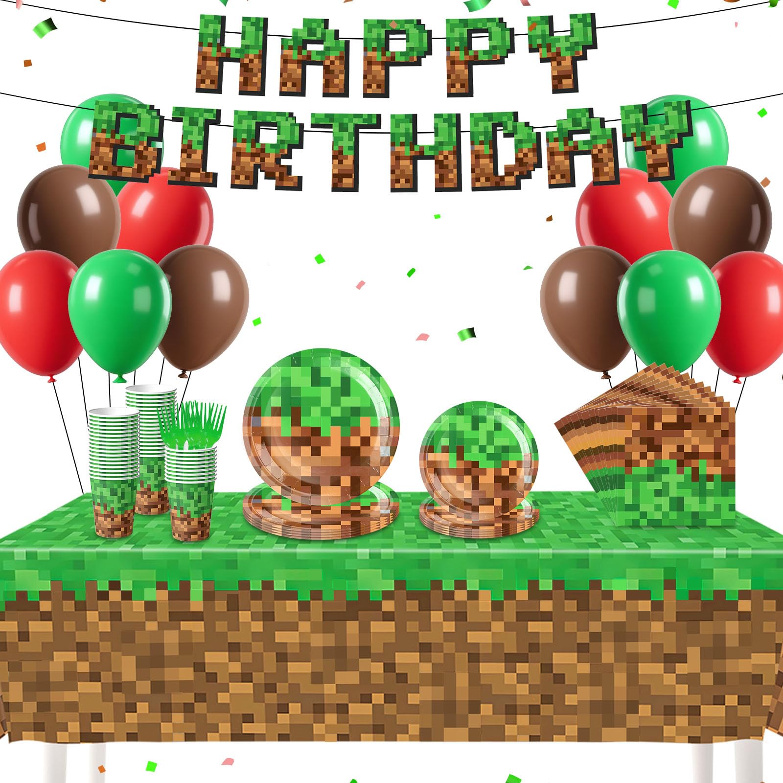 Photo 1 of 134Pcs Pixel Birthday Party Supplies for Birthday Decorations Serves 24 Guests