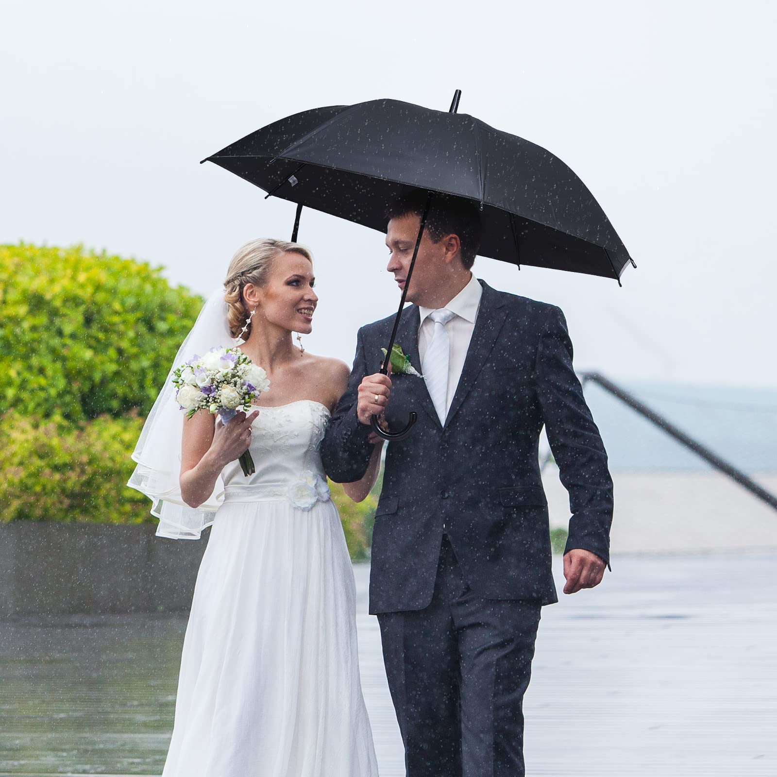 Reginary 12 Pack Black Umbrella Wedding Style Stick Umbrellas Large Canopy Windproof Transparent Stick Umbrellas Wedding Rain Transparent Umbrellas Bulk Auto Open J Hook Handle