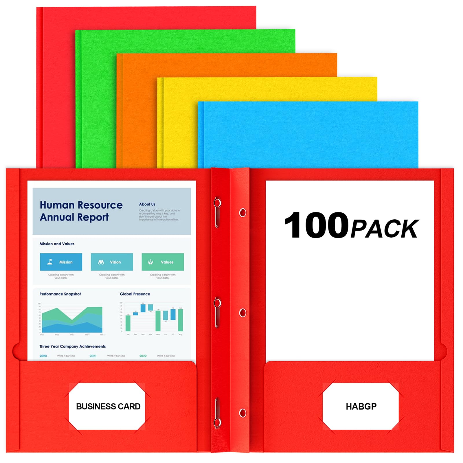 Photo 1 of HABGP 100 Pack Two Pocket Folder with Prongs, Paper Folders with Pockets and Business Card Holder, Folders with Pocket Fit Letter Size, Organizing Papers in School, Office & Business 5 Color 20 Set