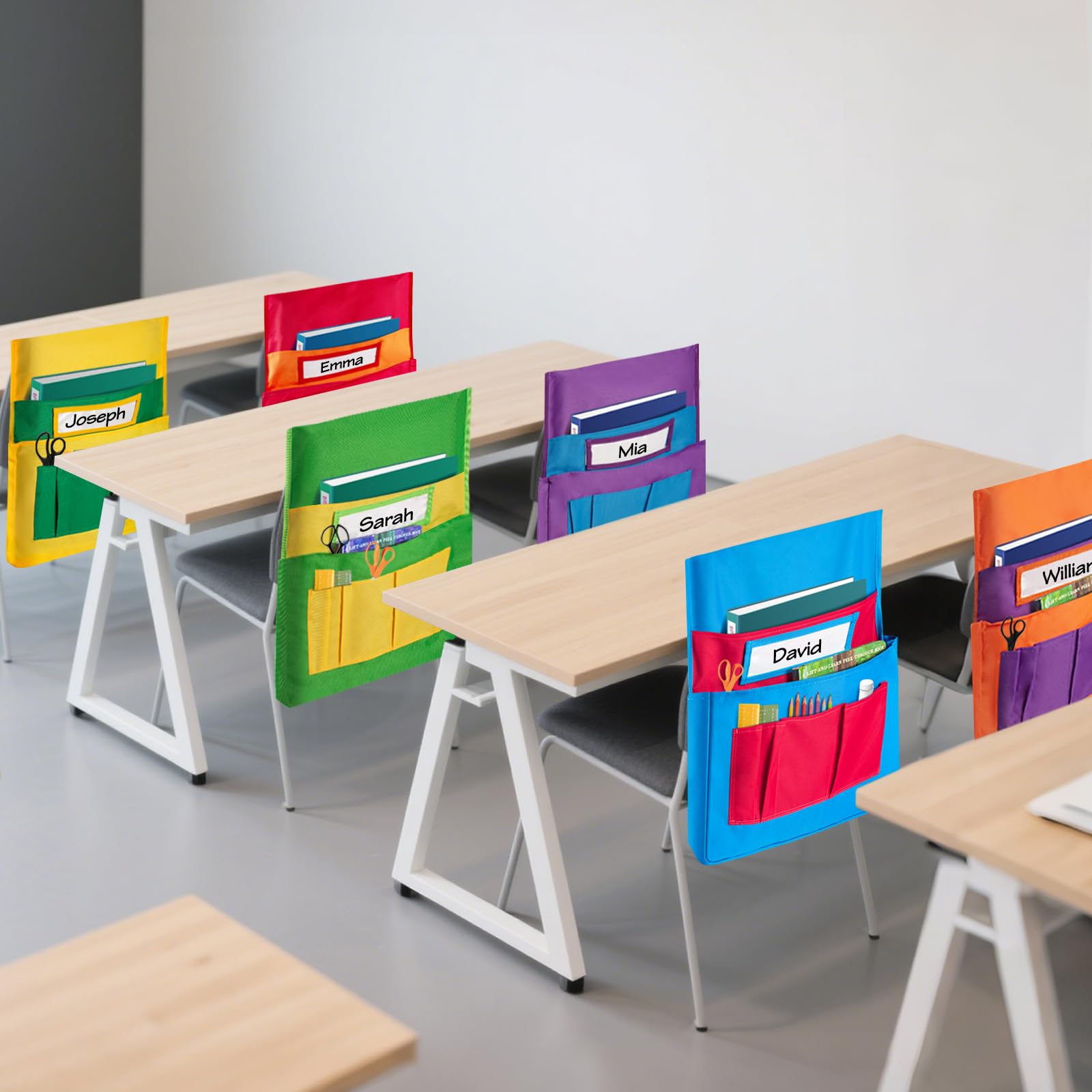 Photo 1 of AxPower 6 PCS Chair Pocket for Classroom, Chair Organizer, Student Chair back Buddy Pocket Chart, with 6 Storage Pockets and One Name Tag, Seat Storage Sack 15" W x 19" H, 6 Bright Colors