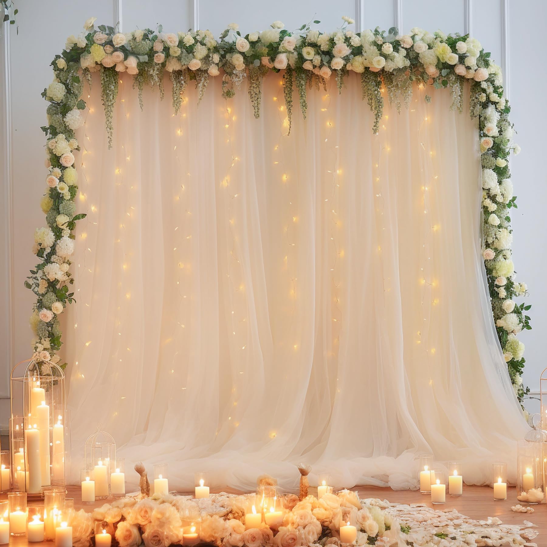 Photo 1 of 10×8ft Champagne Tulle Curtain Backdrop with Lights String for Parites, Sheer Backdrop Curtain Drapes for Wedding Photo Baby Shower Photography Birthday Party