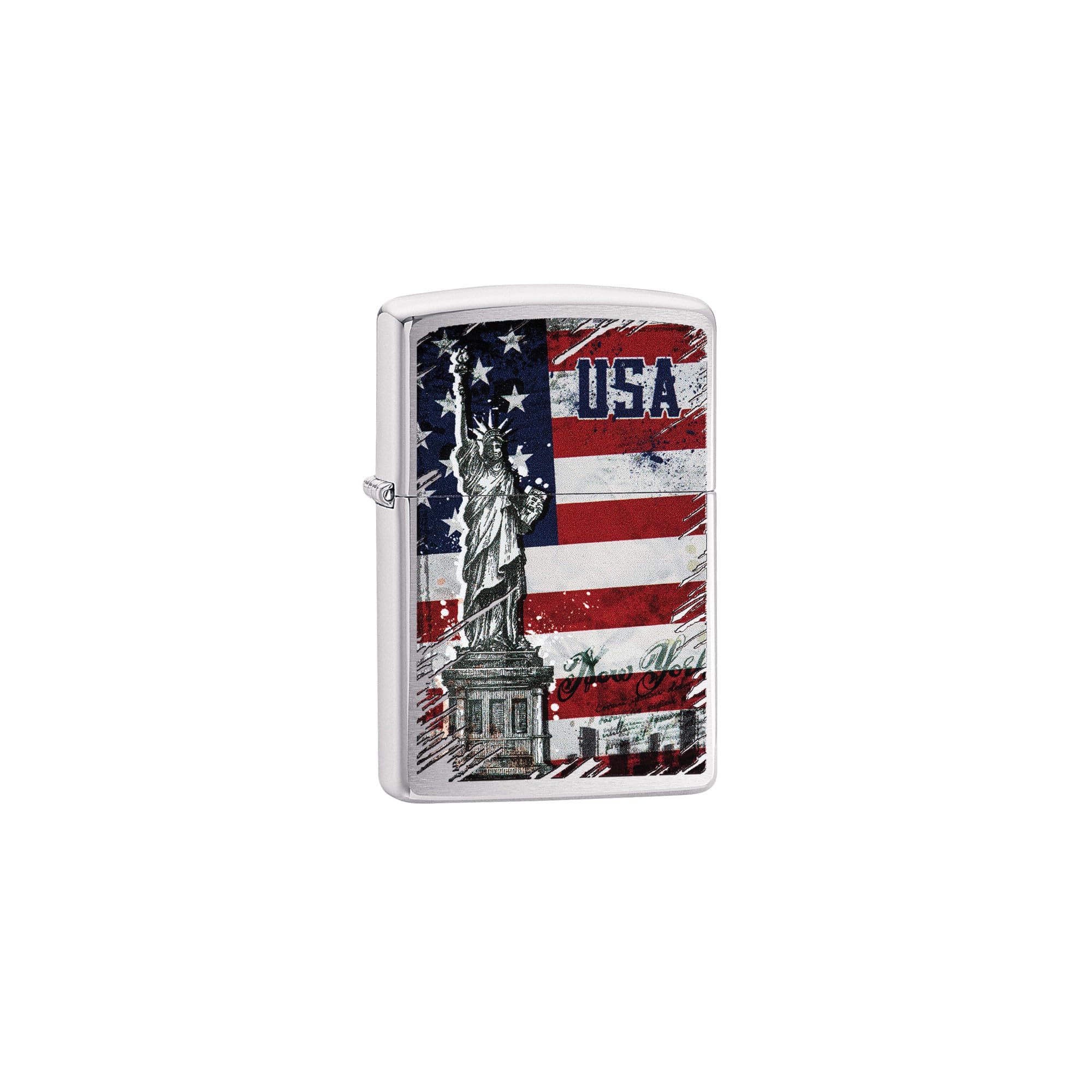 Zippo Windproof Lighter - Statue of Liberty Flag - Brushed Chrome with Colour Image - Refillable - Reusable - Windproof Design - Gift Box - Metal - Made in USA