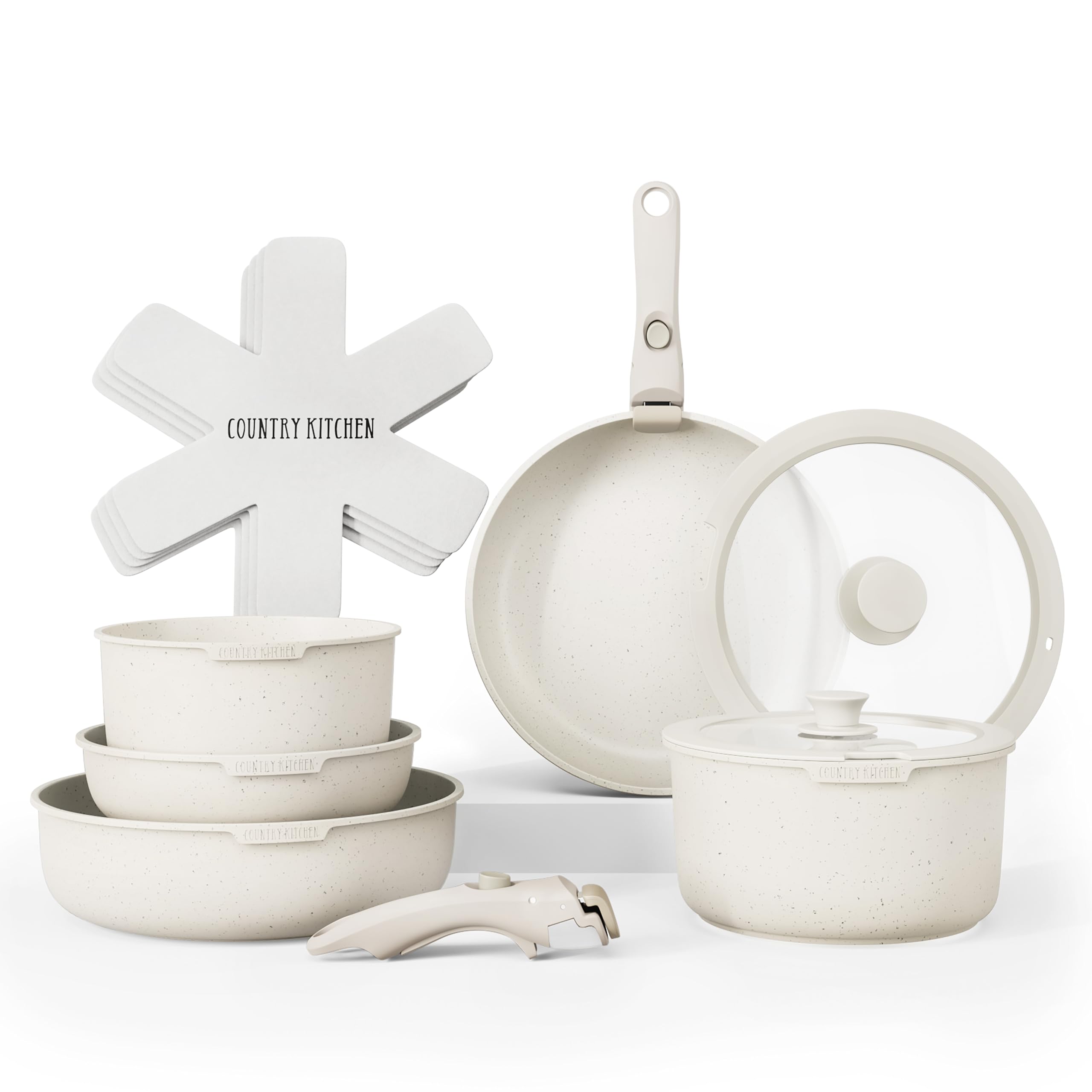 Photo 1 of Country Kitchen Cookware Set with Removable Handle, Oven & RV Safe Pots and Pans Set, Cream, Original