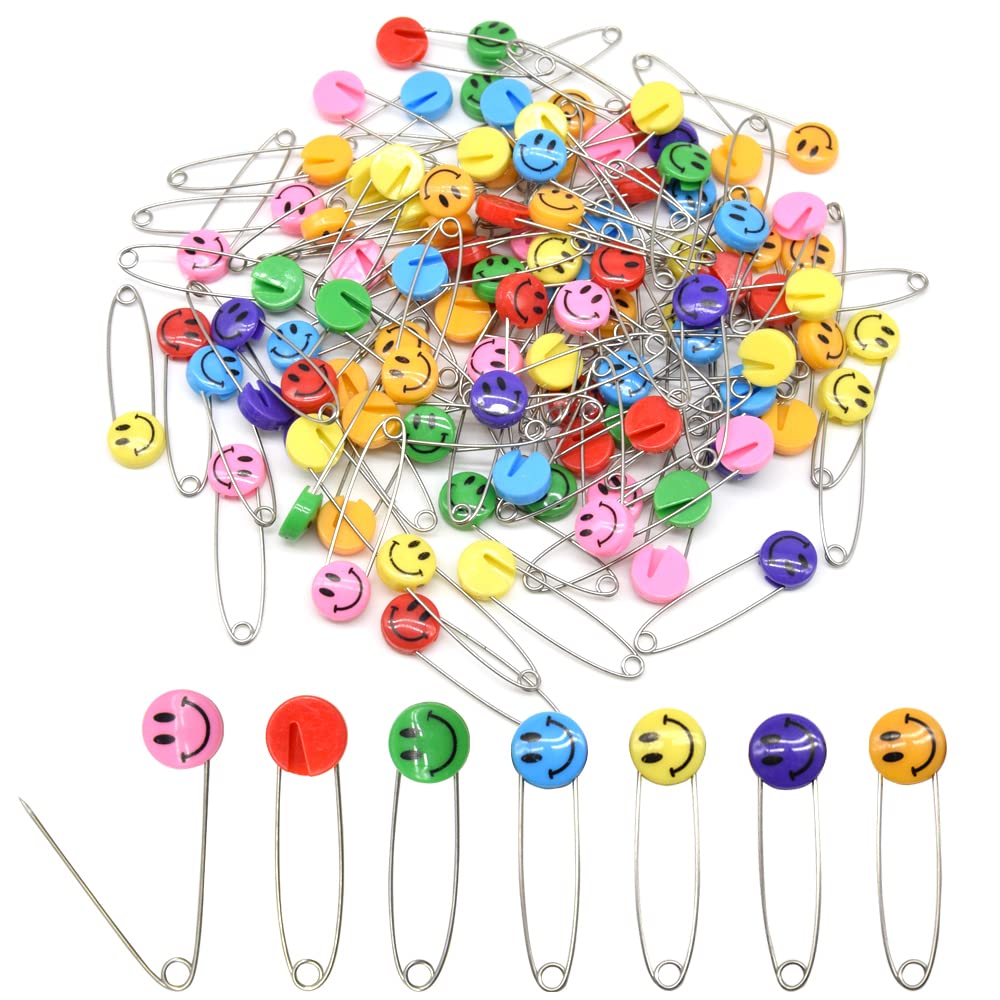 Hocansen 30 PCS Safety Pin Diaper Pin Stainless Steel Cloth Pins Plastic Head Cloth Diaper Pins with Locking Closures，Colour random 53MM/2.1 Inch（Colour/Smile）
