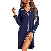 Ekouaer Womens Long Sleeve Nightgowns Button Down Sleep Shirts V-Neck Night Gowns Night Shirts