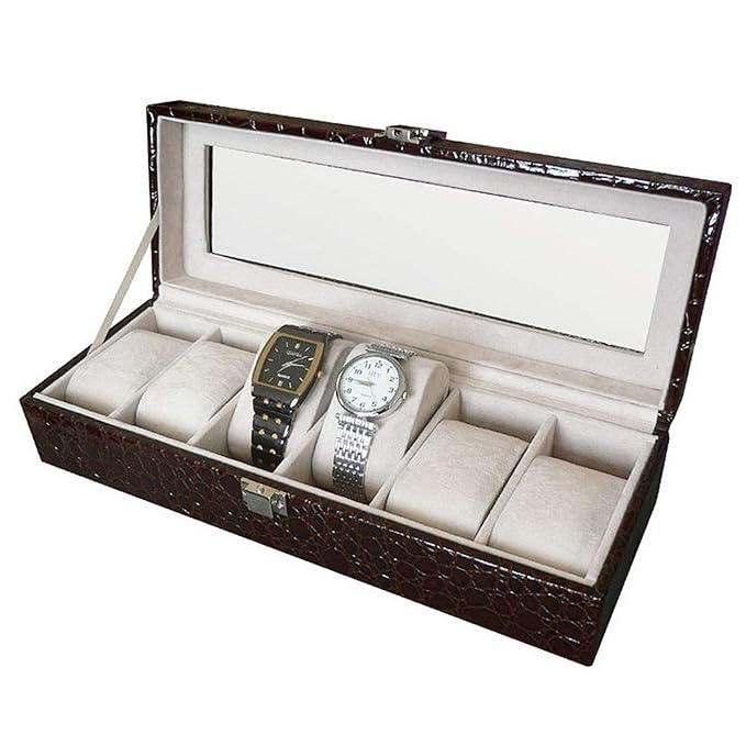 TIED RIBBONS 6 Slot Leather Portable watchbox case Organizer Display Box with Glass Window for Men/Women(Brown)