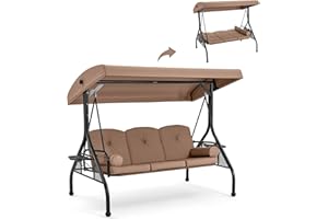 GYUTEI 3-Seat Outdoor Patio Swing with 1.5" Upgraded Cup Holder,Porch Swing Chair with Adjustable Backrest and Canopy,Outdoor Porch Glider Swing,w/Cushions,Pillows for Backyard(Brown)