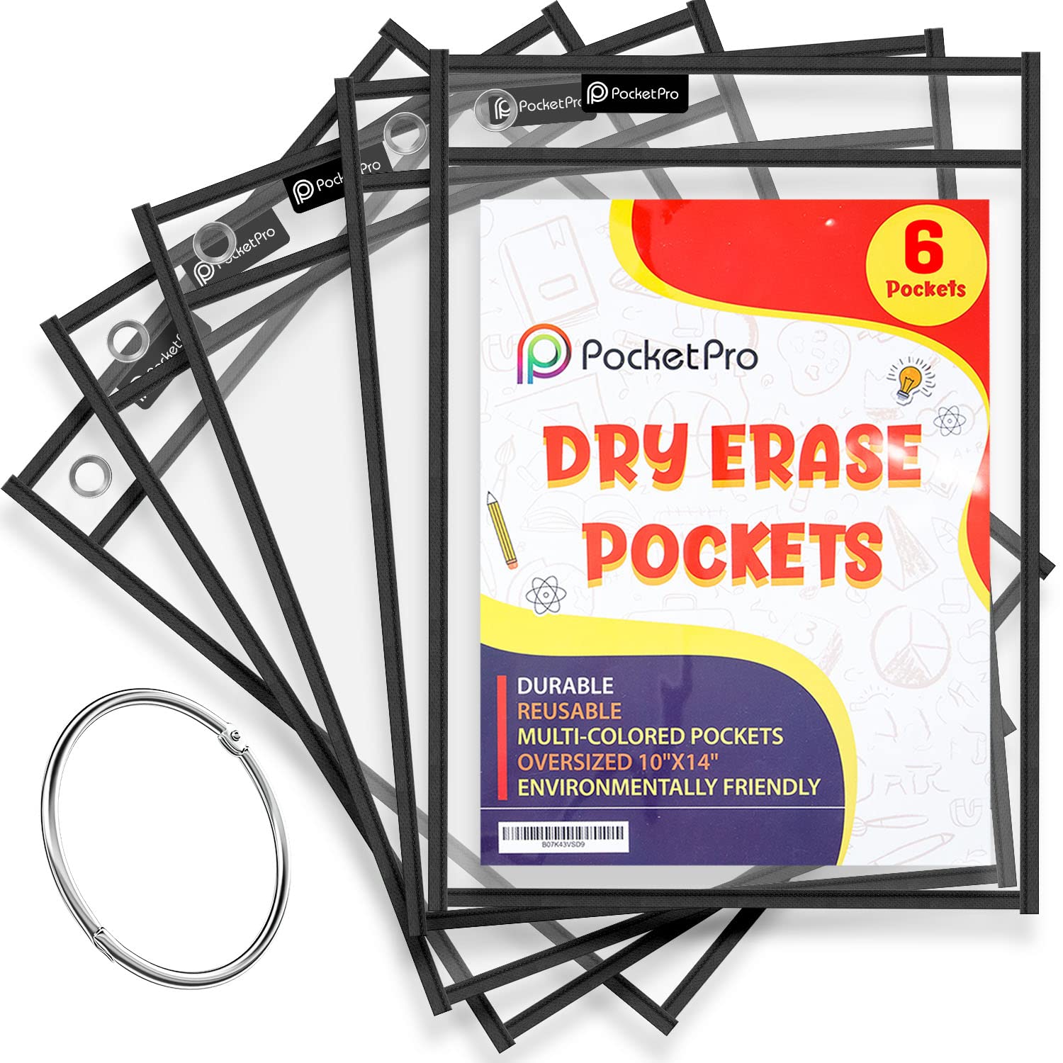 Pocket Pro Dry Erase Pocket Sleeves Plastic Paper Sleeves (Pack of 6) Colorful Clear Plastic