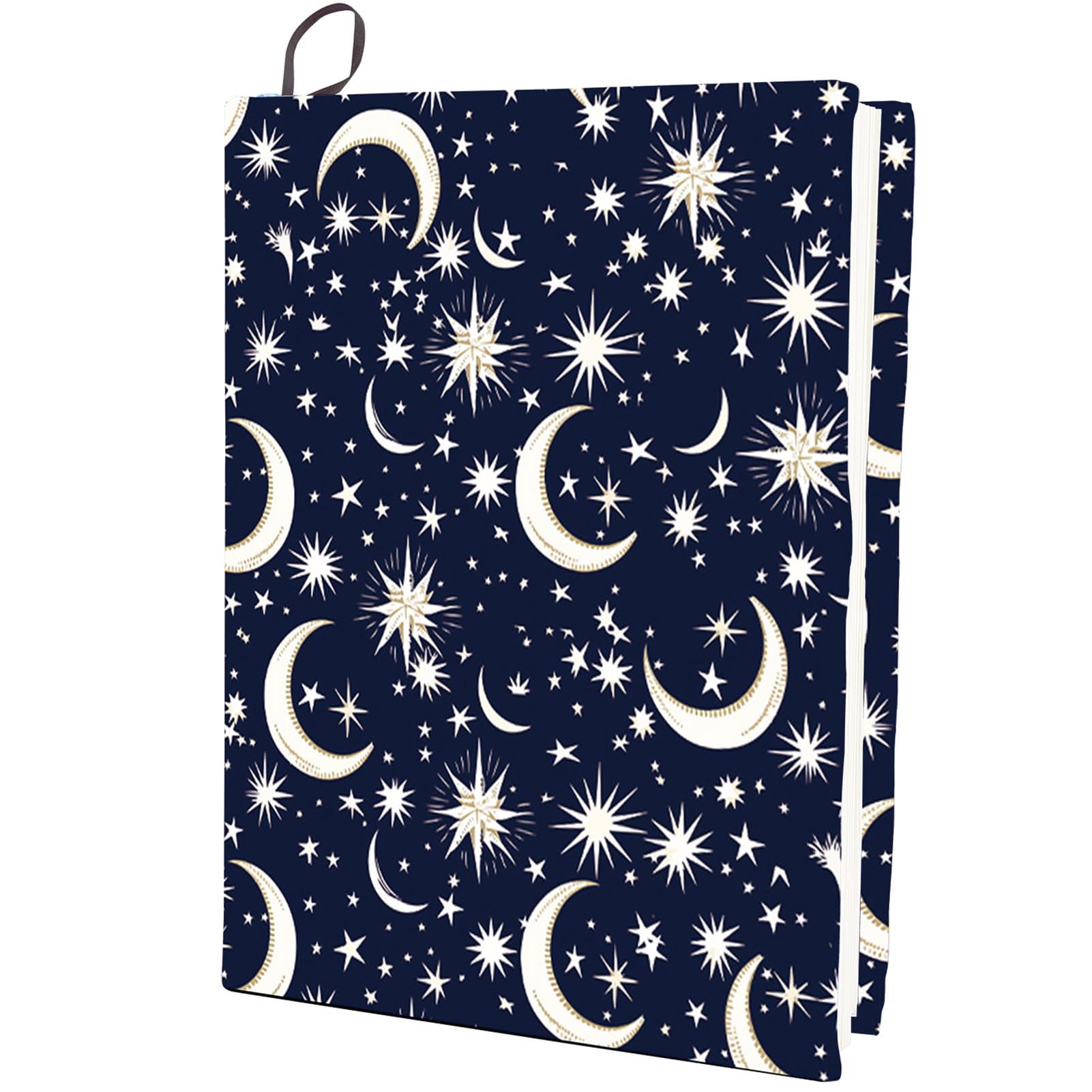 CRASPIRE Moon Star Stretchable Book Cover Navy Blue Washable Reusable Large Nylon Cloth Polyester Book Protector Elastic Notebook Wraps Suitable for Most Hardcover Books