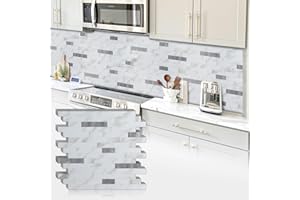 Artemuro 10 Sheets Premium Peel and Stick Backsplash, White Marble Look with Metal Silver Stick on Wall Tiles Upgrade Your Kitchen Backsplash, RV, Fireplace, Bathroom