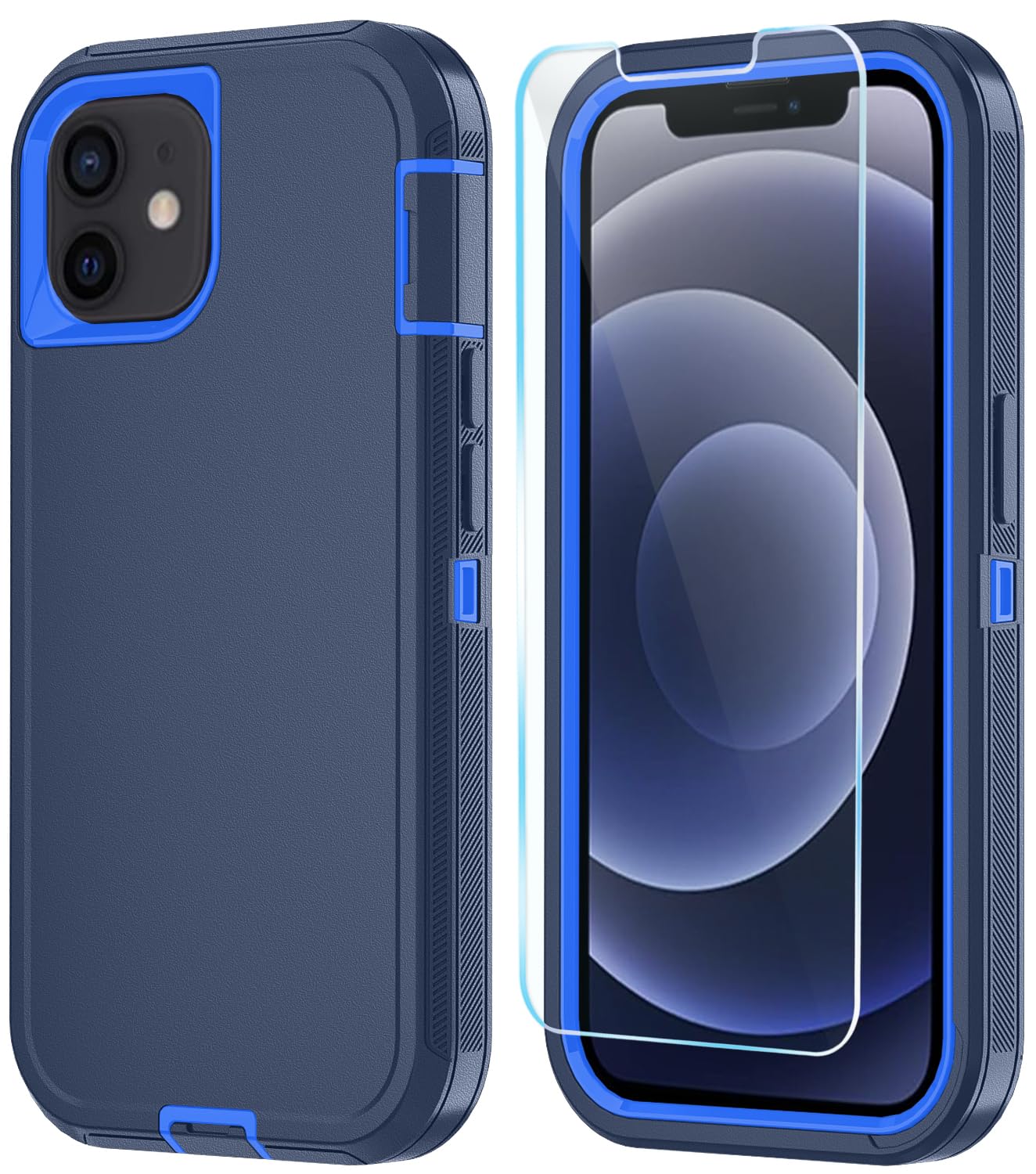ouyncase iPhone 12/12 Pro Case with HD Screen Protector, Heavy Duty Shockproof & Dropproof 3-Layer Cover Phone Case (DarkBlue)