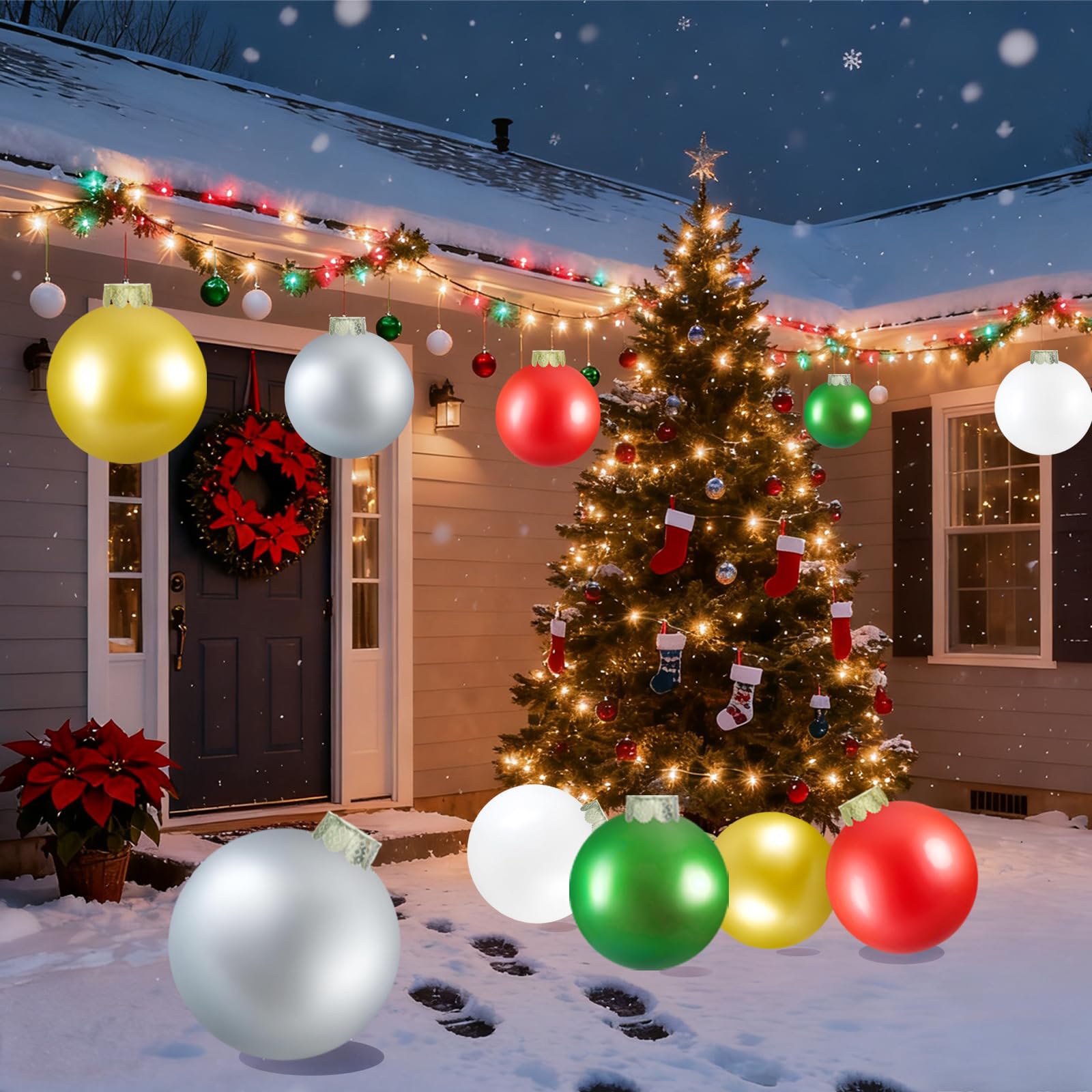 Photo 1 of 10Pcs Outdoor Christmas Decorations,12 in Large Inflatable Balls for Yards, Lawns, Porches, Gardens, Front Doors or Windows Christmas Decorated (Red Green White Gold Silver 10pcs New)