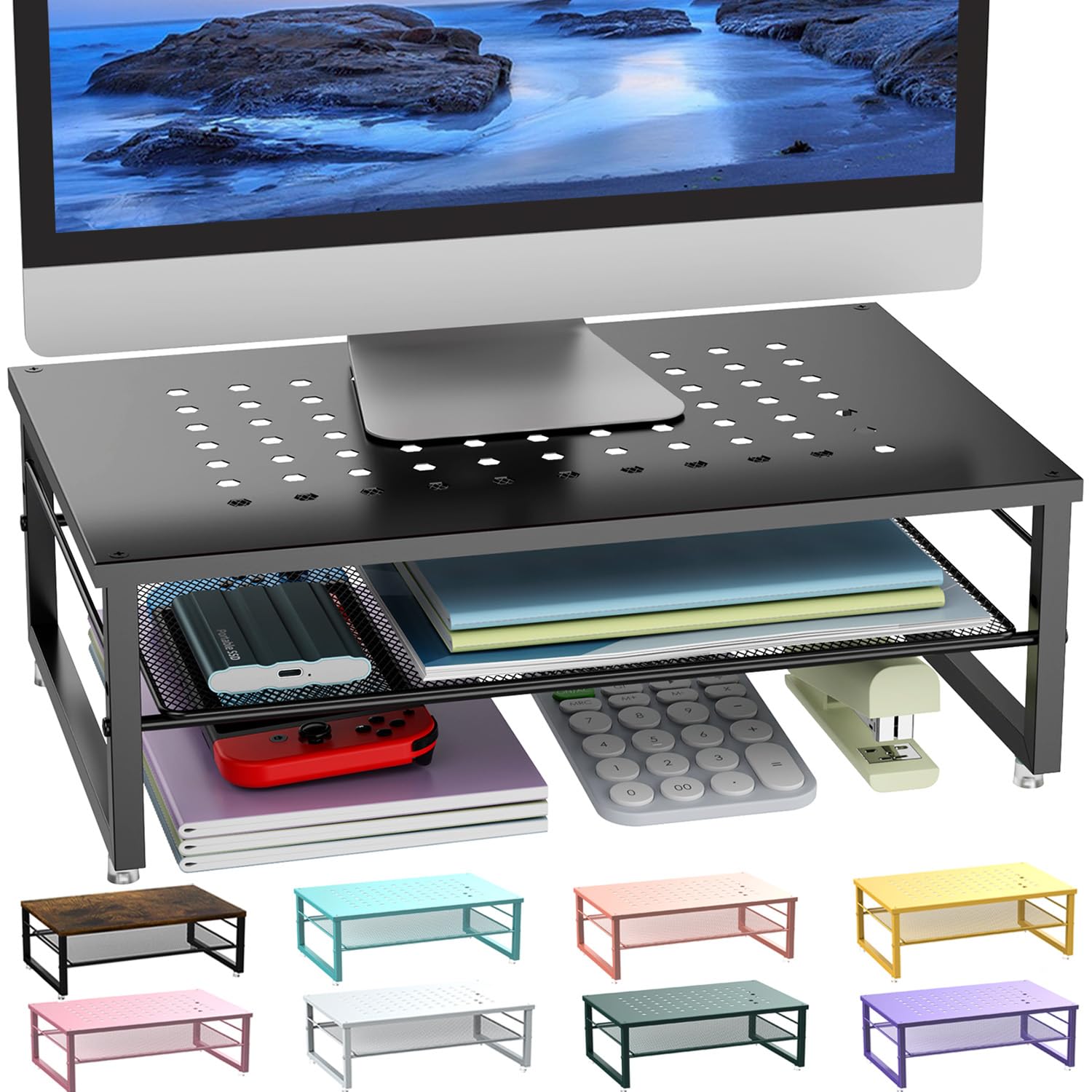 gianotter Desk Organizers and Accessories, 2-Tier Metal Monitor Stand Riser, Desk Organizer for Monitor, Office Desk Storage Organizer for Office Supplies (Black)