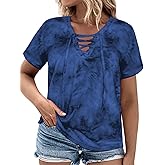 VISLILY Womens-Plus-Size-Summer-Tops Casual Lace Up Front T Shirts Tie Dye V Neck Tees Trendy Short Sleeve Tunics XL-5XL