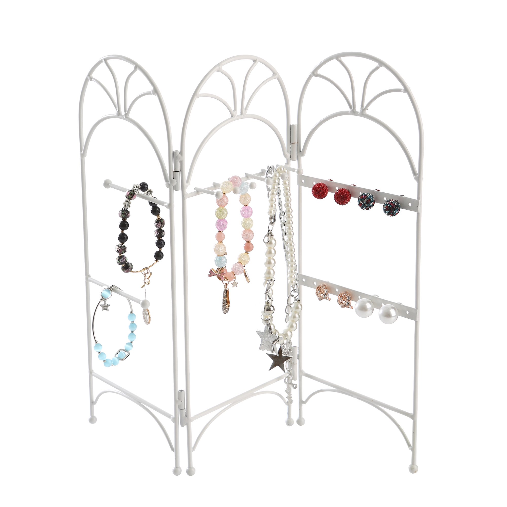 Modern White Metal 3 Panel Trellis Folding Jewelry Hanger Organizer for Bracelet, Earrings, Necklace