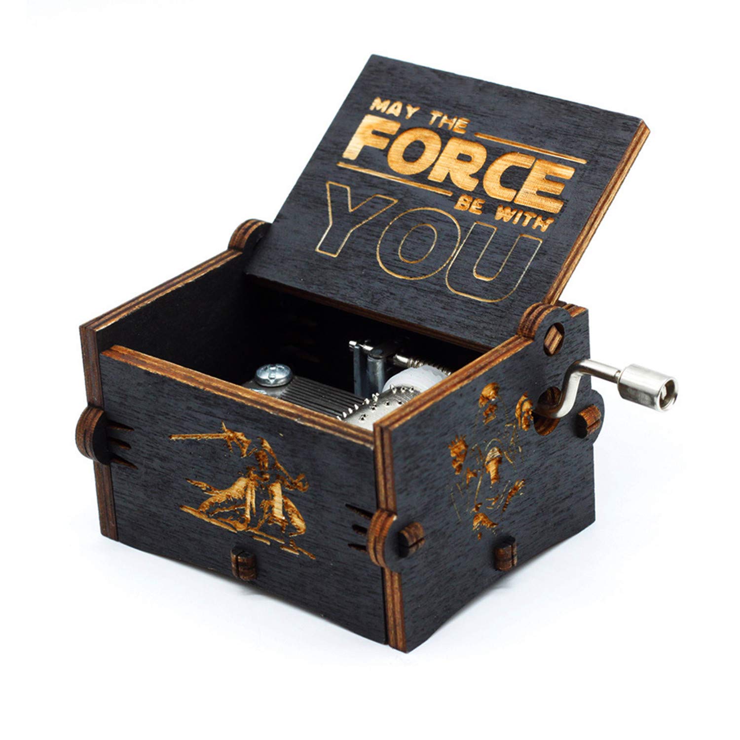 Huntmic Black Wood Star Wars Music Box, Antique Carved Hand Cranked Wooden Musical Boxes Home Decoration Crafts for Children Gifts (Black Star War)