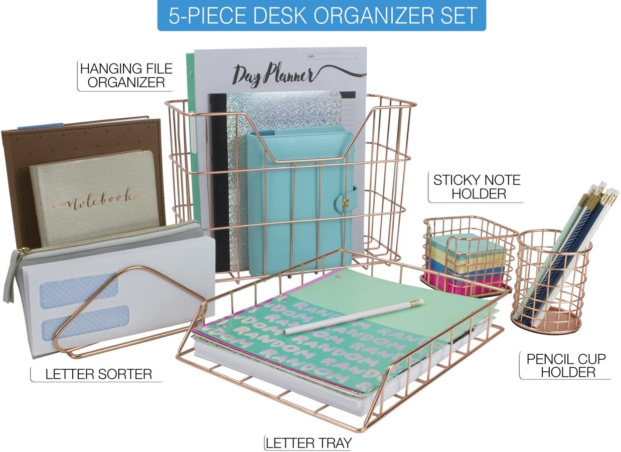Sorbus Desk Organizer Set, Rose Gold 5-Piece Desk Accessories Set Includes Pencil Cup Holder, Letter Sorter, Letter Tray, Hanging File Organizer, and Sticky Note holder for Home or Office (Copper): Home Improvement