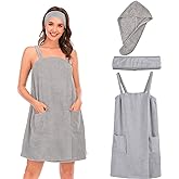 QZUnique Bath Wrap Towel with Straps Women Shower Robes Turban&Headband Bathrobe Dress with Straps Adjustable Closure