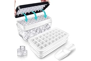 QUELIEN Ice Trays for Freezer with Lid & Bin, Ice Cube Tray Making 64 pcs Ice Cubes, Easy Press to Release Ice, Ice Tray with Storage Bin Chilling Cocktail Whiskey Coffee 2 Trays 1 Ice Bucket & Scoop (Black)