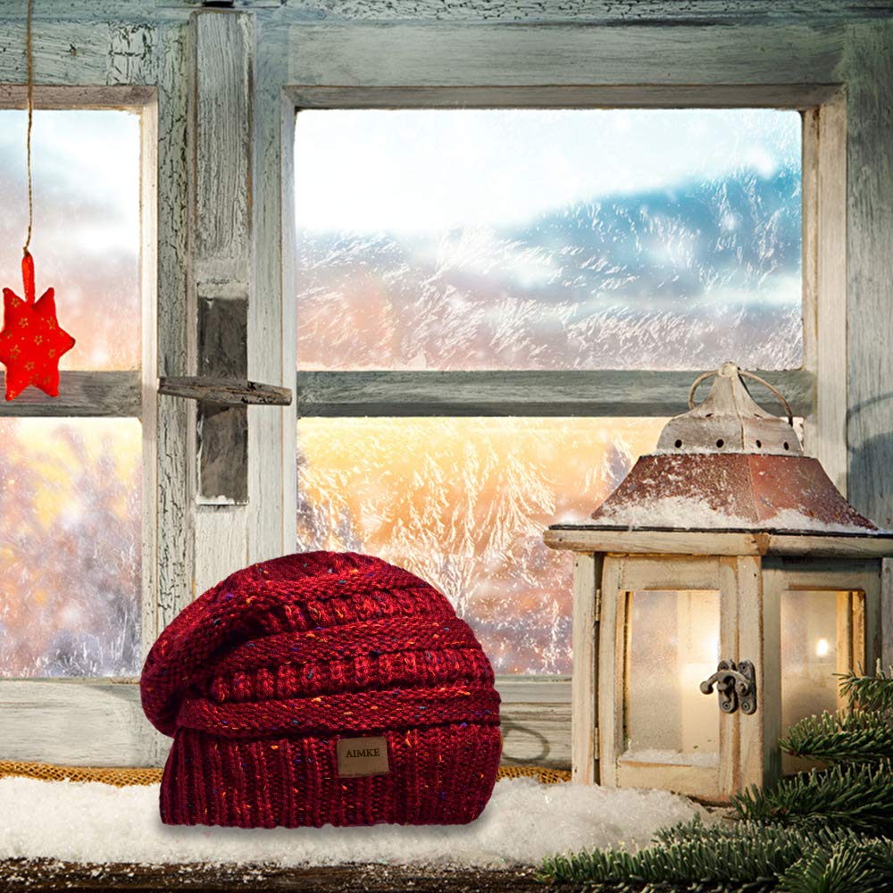 AIMKE Women\'s Warm Chunky Thick Stretchy Knit Beanie Skull Cap (Wine)