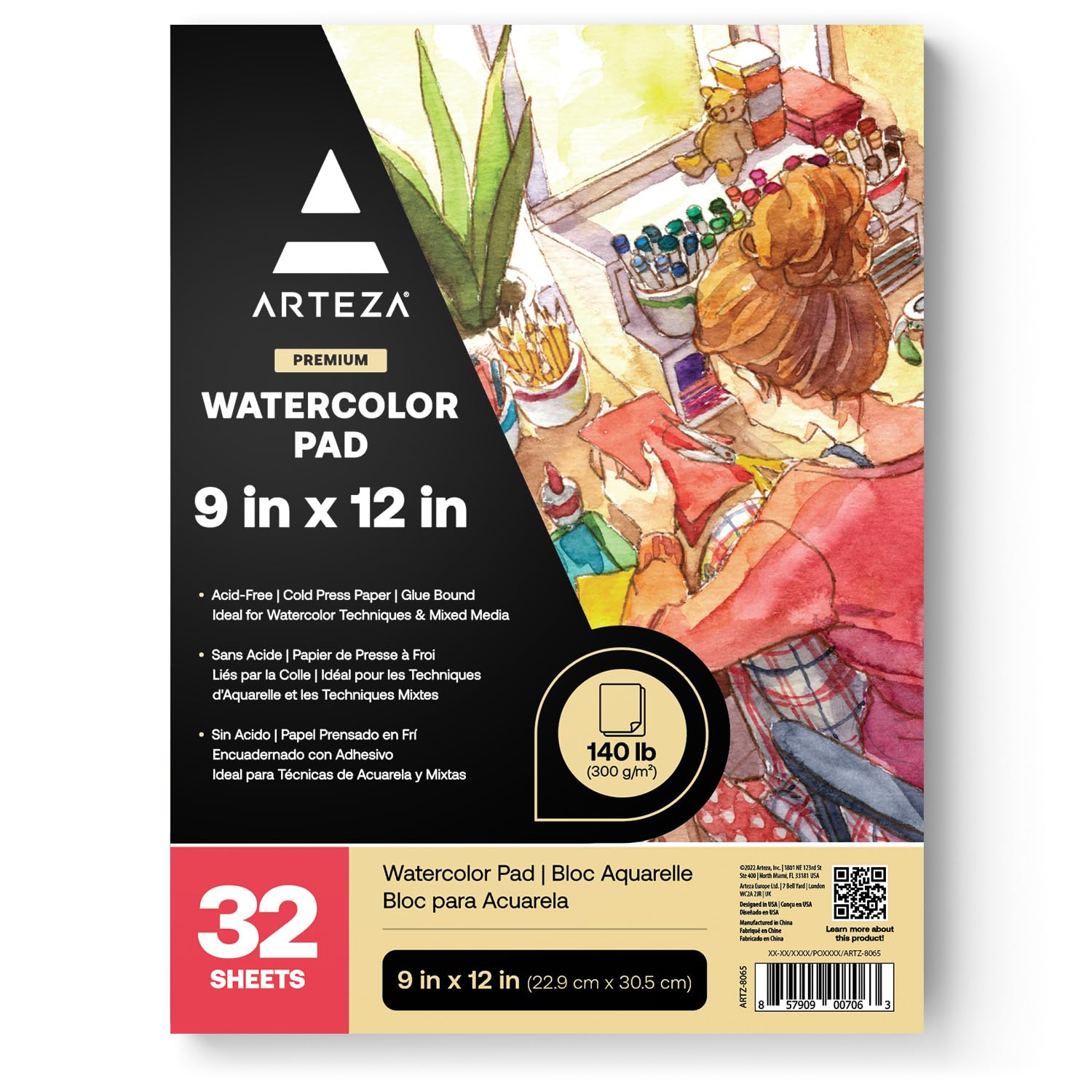 Arteza Watercolour Paper Pad, 32 Sheets, 22.9 x 30.5 cm, 300gsm Watercolour Paper, Glue Bound, Cold-Pressed, Acid-Free, for Wet, Dry & Mixed Media