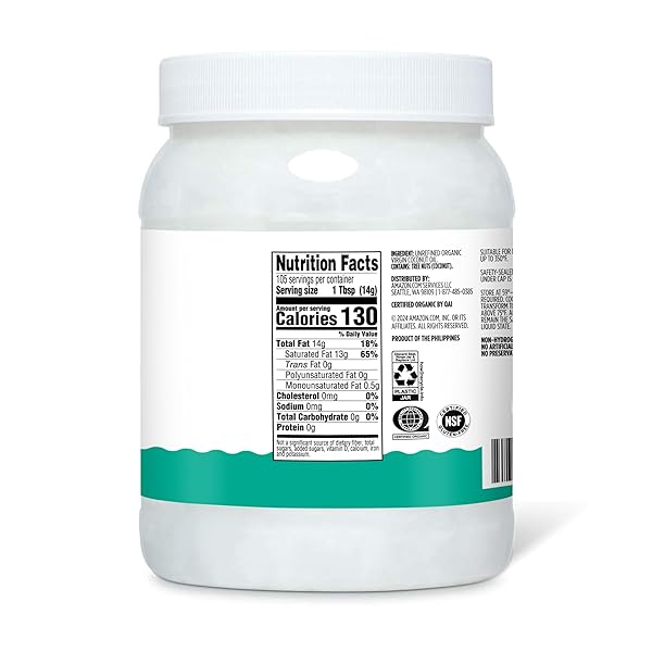 AMAZON GROCERY, ORGANIC VIRGIN COCONUT OIL, 54 FL OZ (PREVIOUSLY HAPPY BELLY, PACKAGING MAY VARY)