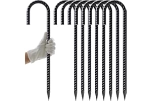 AAGUT Rebar Stakes 16 Inch J Hook Heavy Duty 8 Pack, 3/8 Inch Black Coated Metal Steel Ground Anchors Chain Link Fence Stakes for Camping Tent, Inflatables, Yard Decorations, Canopies & Swing Sets