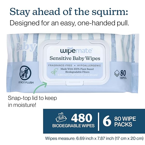 WIPEMATE EWG-VERIFIED PREMIUM BABY WIPES, 99% WATER-BASED, PLASTIC-FREE, ULTRA-SOFT PLANT-BASED WIPE, CHLORINE/ALCOHOL-FREE, PH-BALANCED, HYPOALLERGENIC CRUELTY-FREE WITH DURABLE FLIP-TOP LID 480-CT