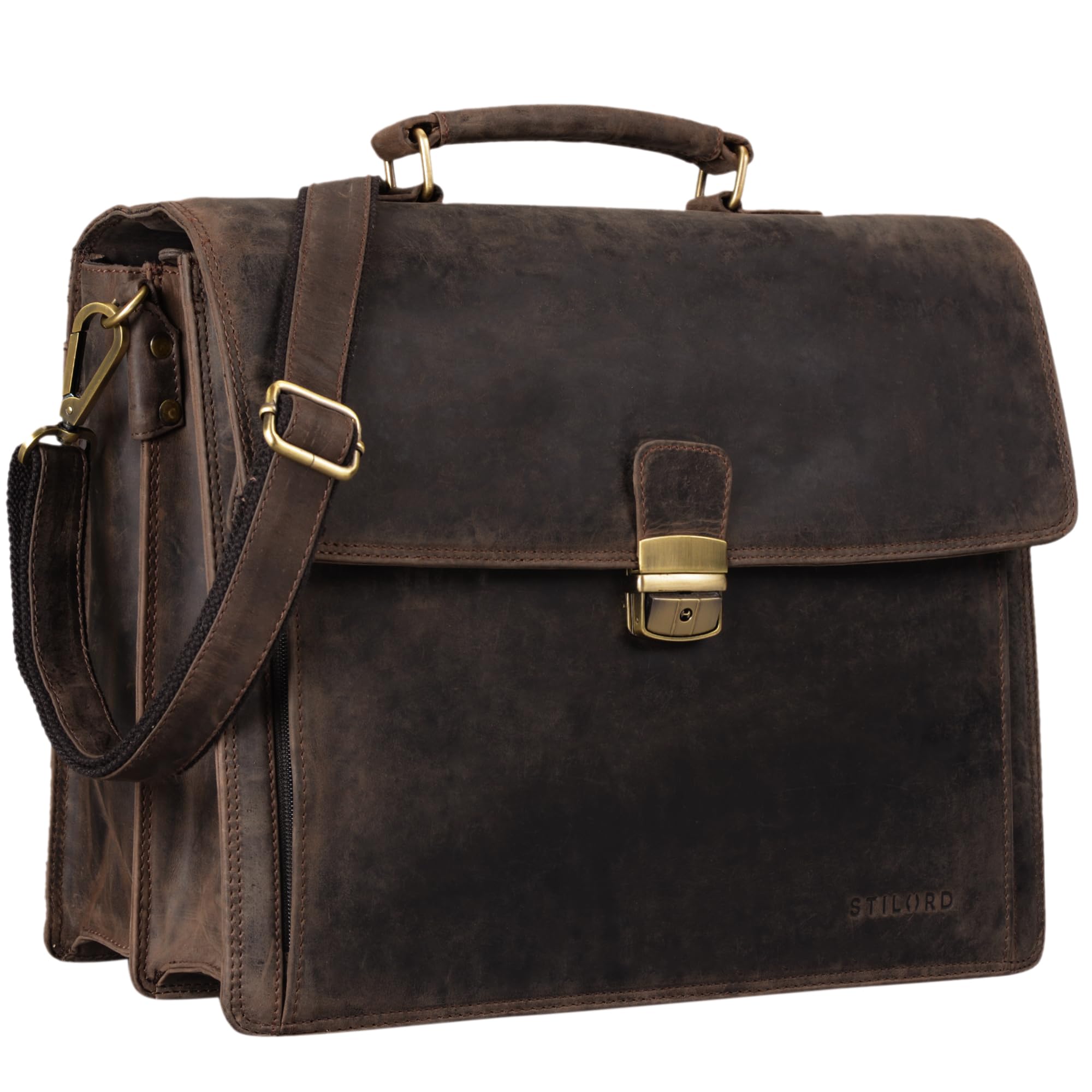STILORD "Noel Genuine Leather Briefcase Men - Vintage Laptop Bag with 13.3 Inch Laptop Compartment - Classic Messenger Bag with Trolley Sleeve for Work and Travel Colour:dark - brown