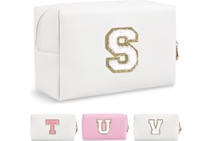 CHAOGREAT Small Personalized Initial A-Z Preppy Patch Makeup Bag,White PU Chenille Letter Travel Cosmetic Pouch with Zipper,Cute Toiletry Bag,Gift Ideal for Teen Girls Women Teacher Bridesmaid,Letter S