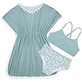 Goodstoworld 7-12Y Girls 3 Piece Cover Up Swimsuit Hawaiian Bikini Bathing Suit with Pompom Tassel