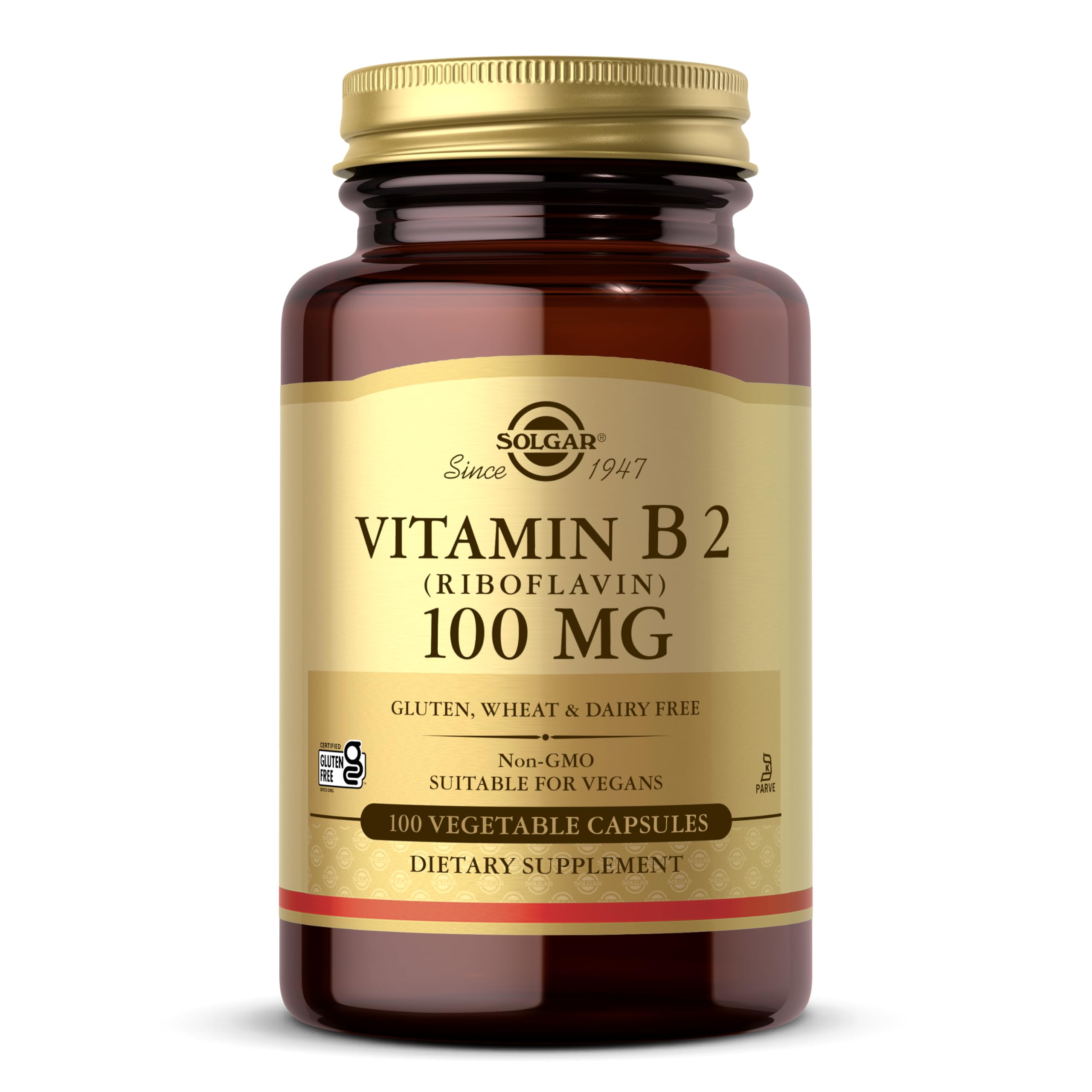 Solgar Vitamin B2 (Riboflavin) 100 mg Vegetable Capsules - Pack of 100 - Supports Energy Production - Can Help Reduce Tiredness and Fatigue - Vegan and Gluten-Free