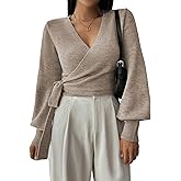 SOLY HUX Women's Long Sleeve V Neck Wrap Belted Sweater Elegant Office Knitted Crop Tops Fall Outfits