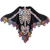 cosmisun Day of The Dead Poncho, Halloween Skeleton Costume Cape for Women | Colorful Skull Floral Print, 59 x 59 In, Día de los Muertos Halloween Mexican Festival Party Cosplay Accessory