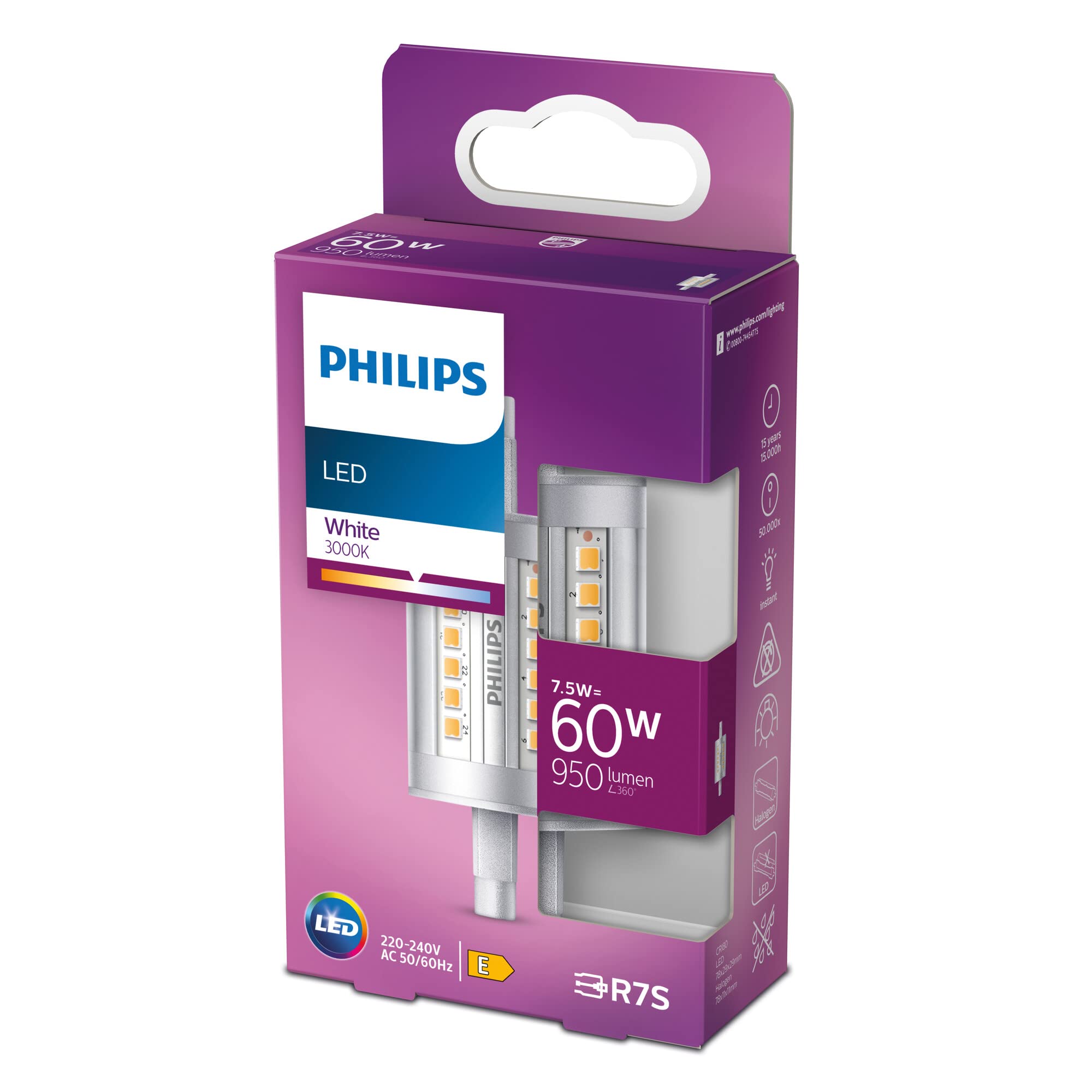 Philips LED Spot Light [R7S] 7.5W - 60W Equivalent, White (3000K).